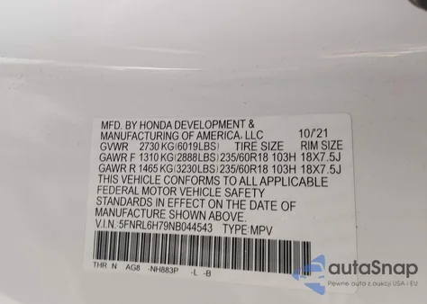 2022 Honda Odyssey Ex-L z USA, uszkodzony, nr VIN 5FNRL6H79NB044543